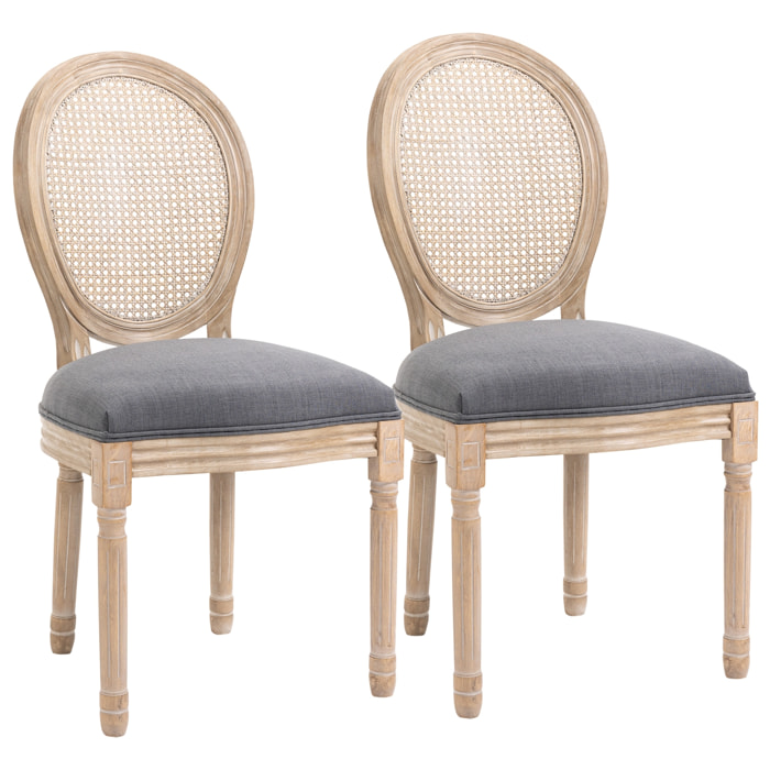 Lot de 2 chaises de salle à manger - chaise de salon médaillon style Louis XVI - bois massif sculpté, patiné - dossier cannage - aspect lin gris