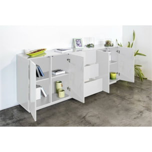 Credenza Jack, Madia da cucina a 4 ante e 3 cassetti, Buffet da soggiorno, 100% Made in Italy, cm 220x41h86, Bianco lucido