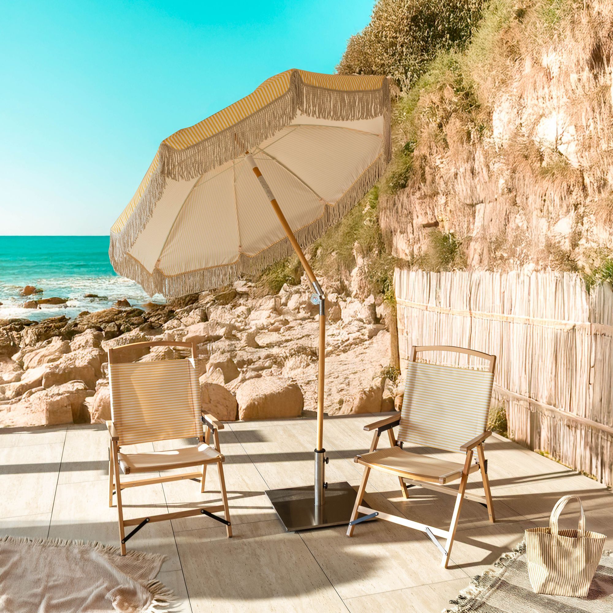 Parasol à rayures jaune avec franges PLAYA
