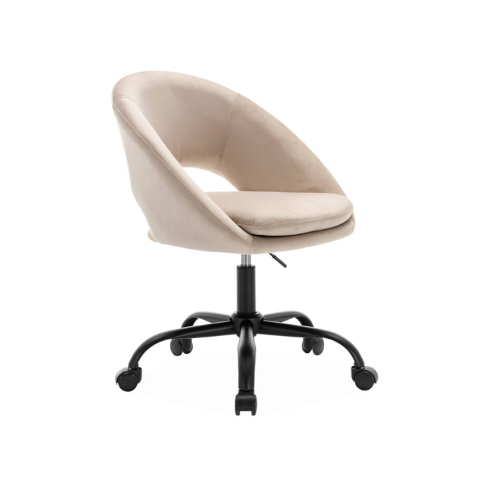 Chaise de bureau ronde à roulettes en velours blanc cassé. Pam. L 59 x P 60 x H 79 / 89cm