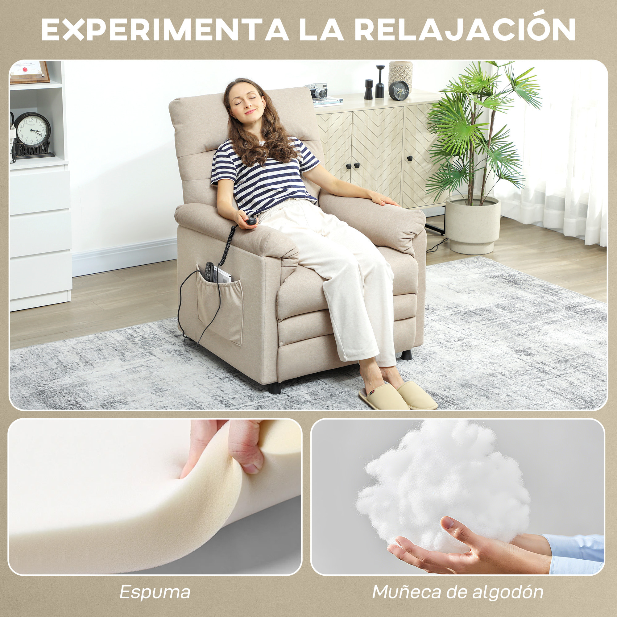 Sillón Relax Reclinable Eléctrico, con Calor Lumbar y Masaje Vibración, Sillón Masaje Relax, Motor Silencioso, Función de Memoria, Bolsillos, Control Remoto con USB, Tejido Pet-friendly, Beige