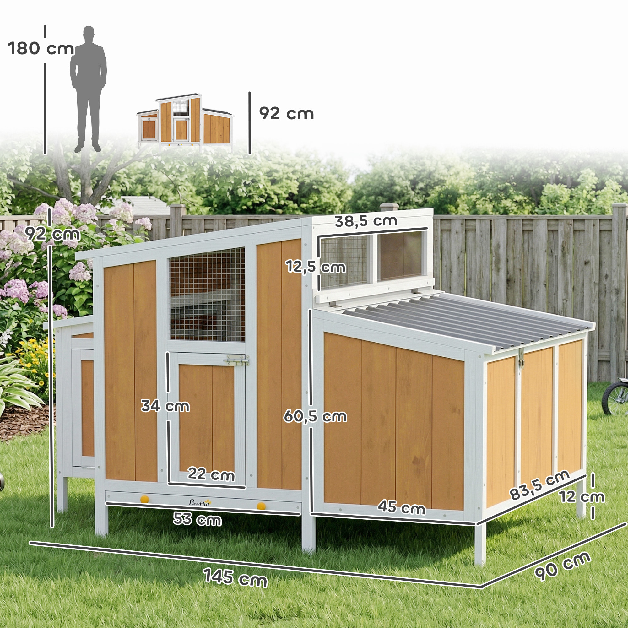 Gallinero para Exterior de Madera, 145x90x92 cm, para 2-4 Gallinas, Gallinero con Nido, Casa Lateral, Bandeja Extraíble, Techo Impermeable, Puertas con Cerradura, Perchas, Conejera, Amarillo