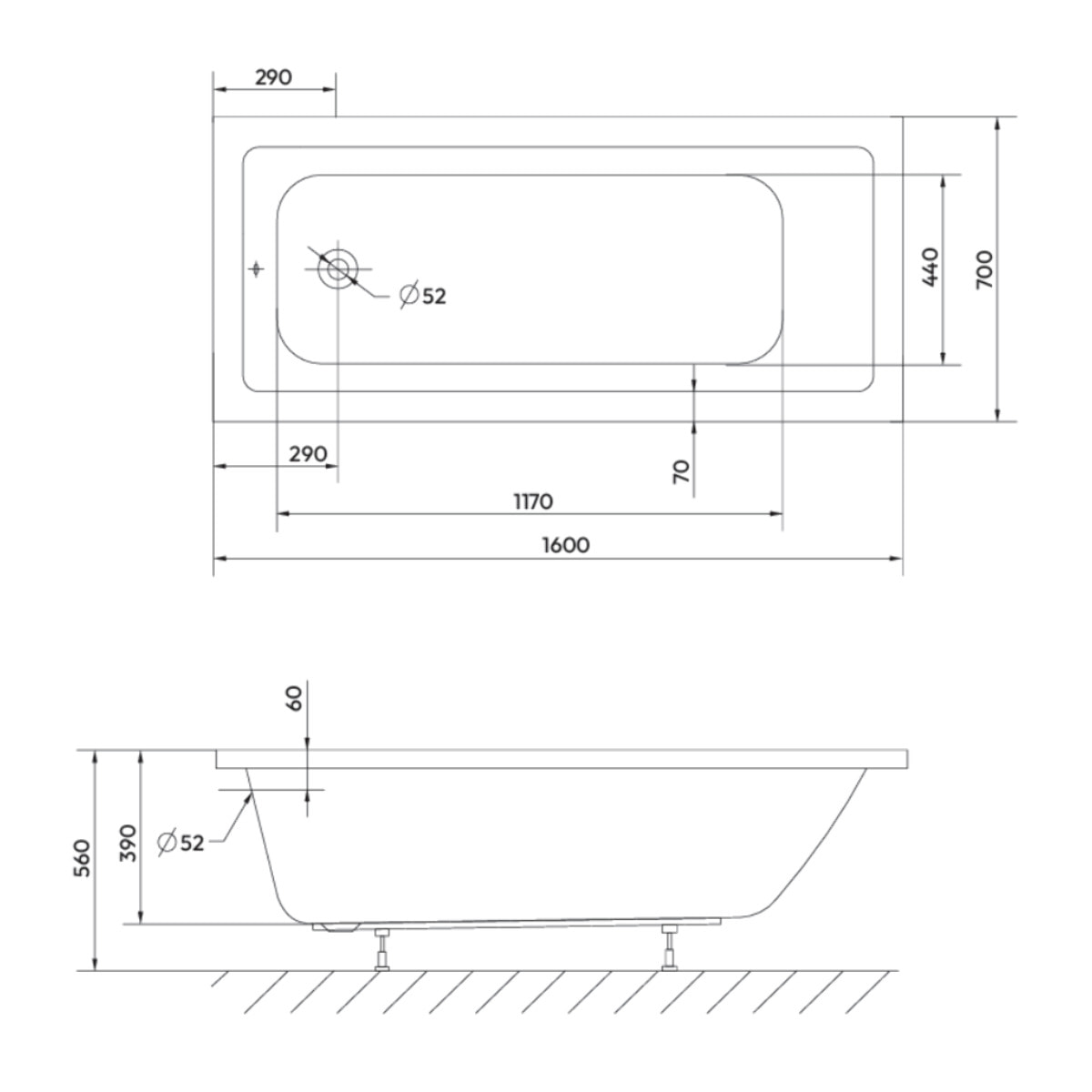 Aurum 160x70 cm baignoire rectangulaire en acrylique, orientation gauche et droite, sans pieds, blanc (SATVAUR16070)