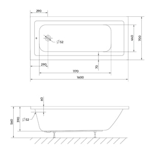Aurum 160x70 cm baignoire rectangulaire en acrylique, orientation gauche et droite, sans pieds, blanc (SATVAUR16070)
