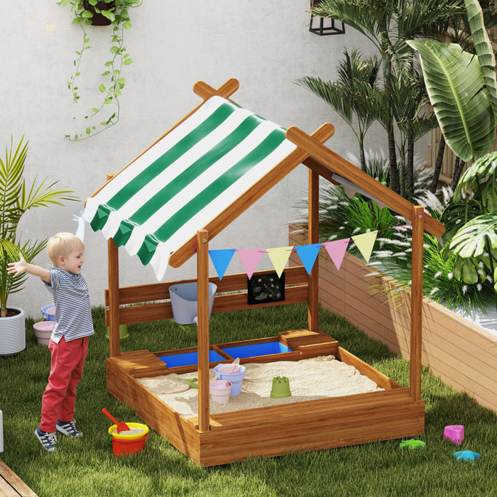 Arenero para Niños de Madera, Arenero Infantil en Forma de Casa con 2 Asientos, Toldo, 6 Banderines, 2 Bandejas Extraíbles, Grifo y Pizarra, para Patio, Jardín, 124x116x146 cm, Naranja
