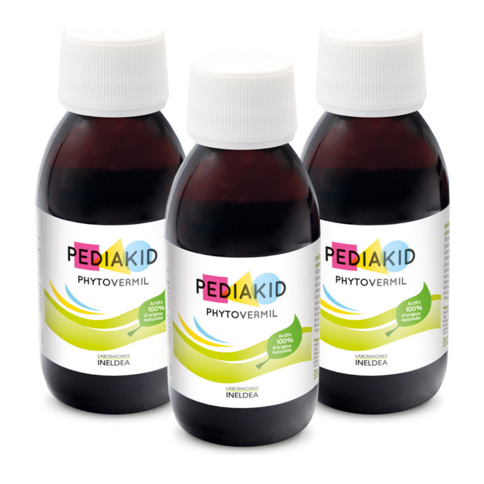 Pediakid - Phytovermil - Complément Alimentaire Naturel -Contribue au Maintien d'une Sphère Intestinale Saine - Bouchon Doseur Inclus - Arôme Fruits Rouges - Lot de 3 Flacons de 125 ml