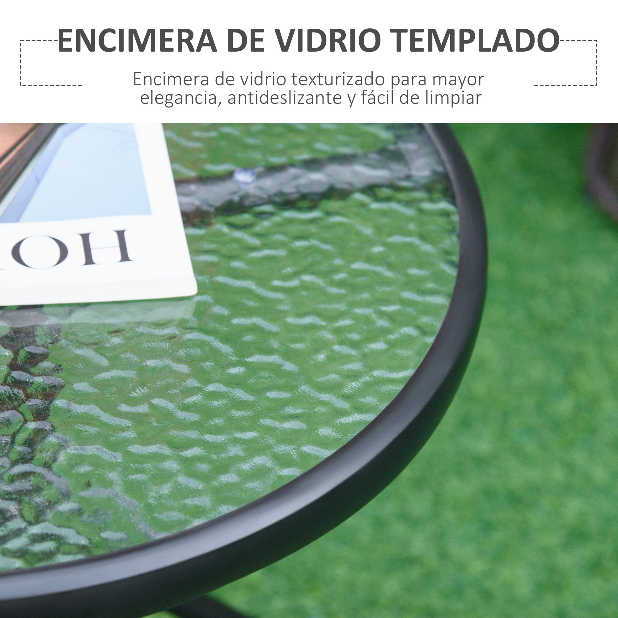 Mesa de Jardín Redonda con Tablero de Cristal para Patio Terraza Ø50x55 cm Negro