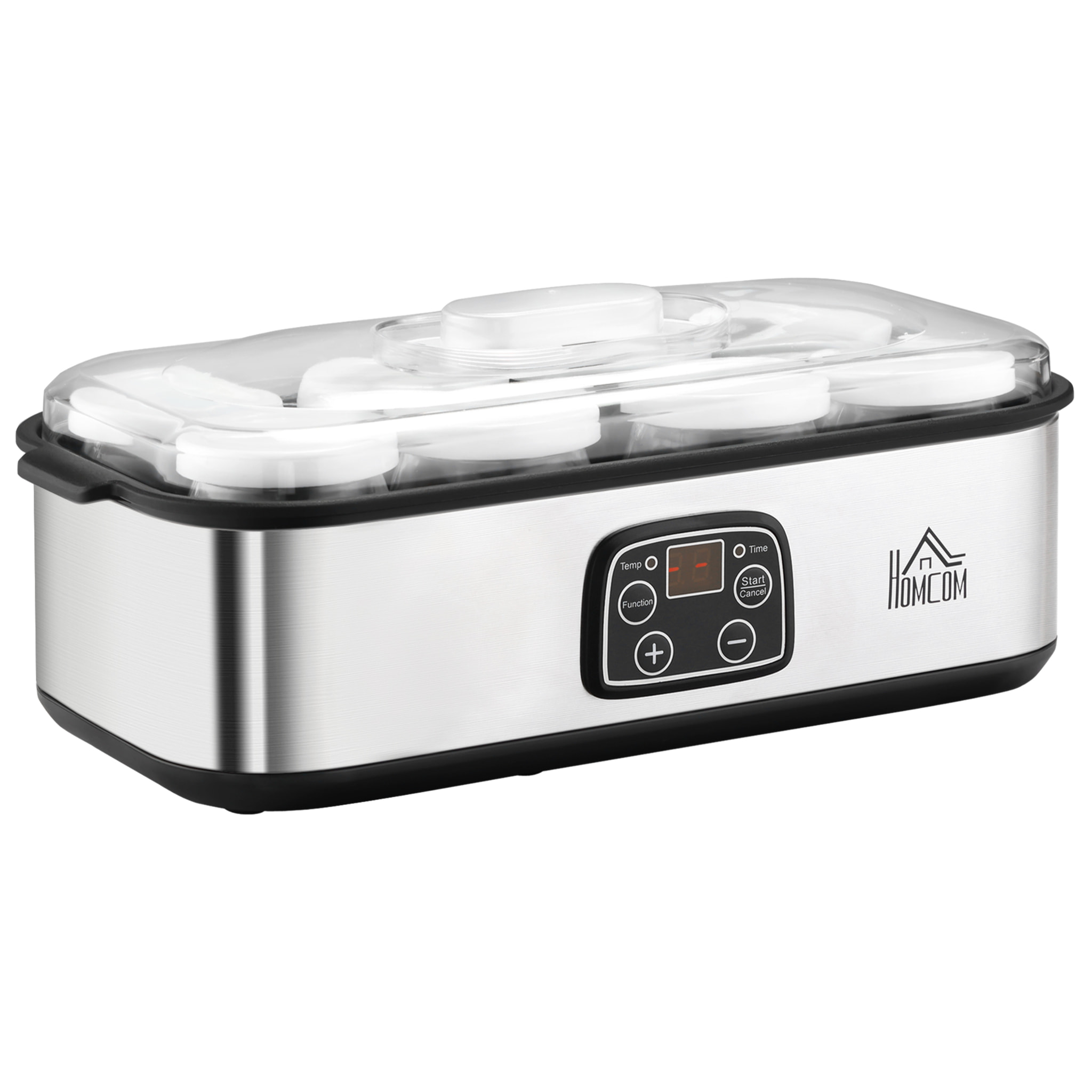 Yogurtera 30W Capacidad 1,44L con 8 Tarros de Cristal de 180 ml Termostato Ajustable Temporizador de 1-48 Horas y Apagado Automático 36x18,8x14 cm Plata