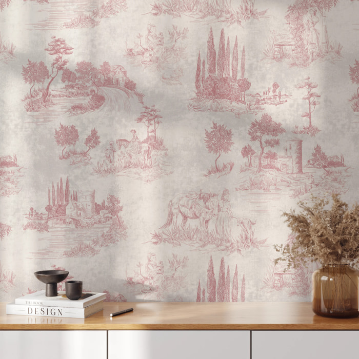 Carta da Parati Toile de Jouy Rosa Vintage