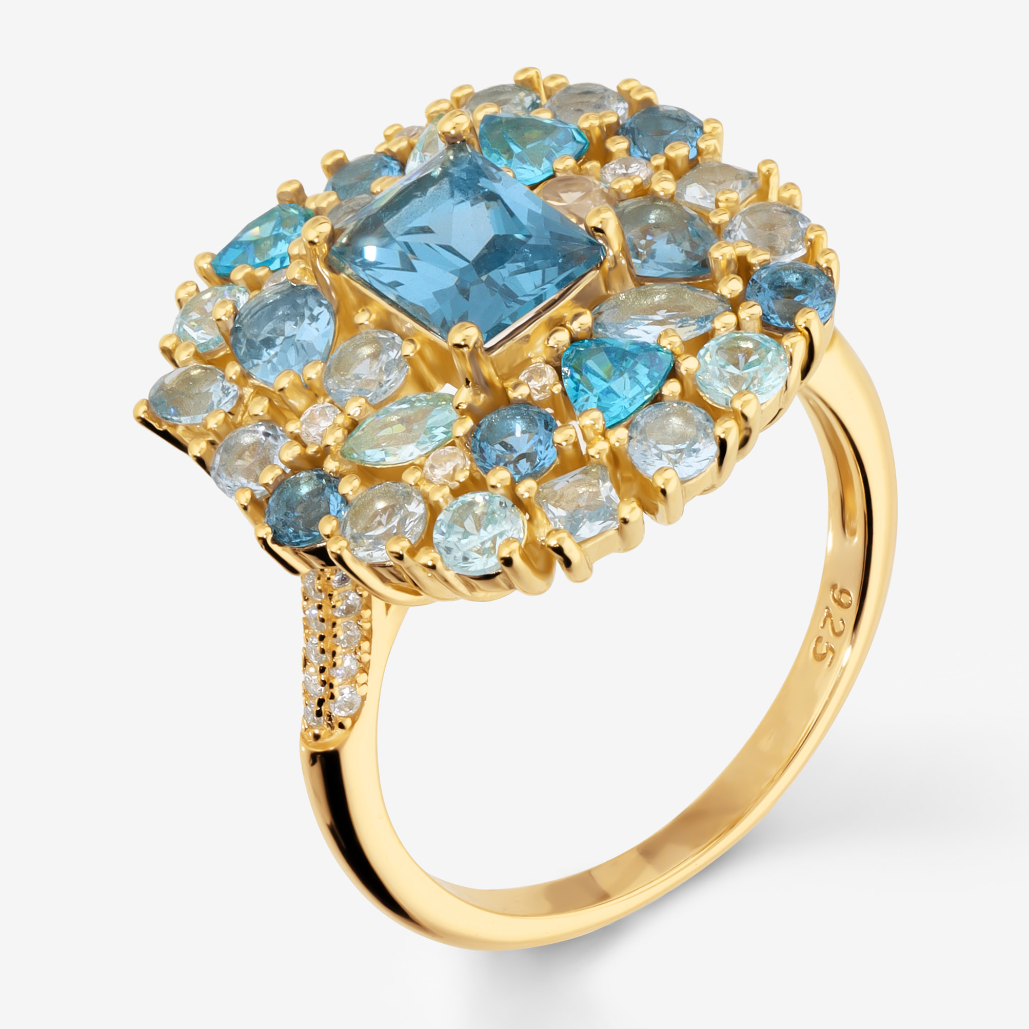 Anello Cocktail in Argento 925 con Pavé Misto di Cubic Zirconia Blu Effetto Degradé