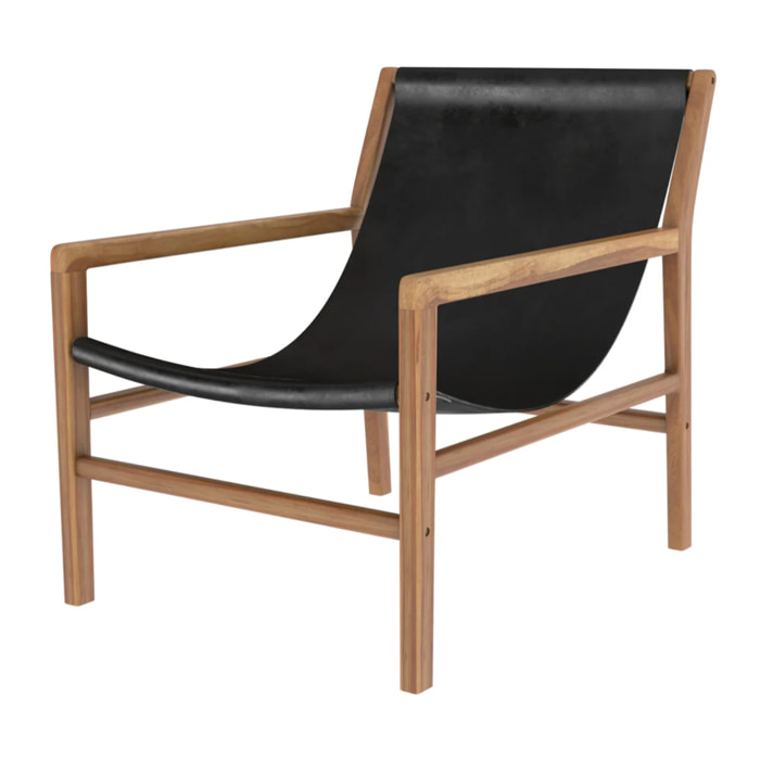 Fauteuil lounge en teck et cuir de vachette noir - Apache