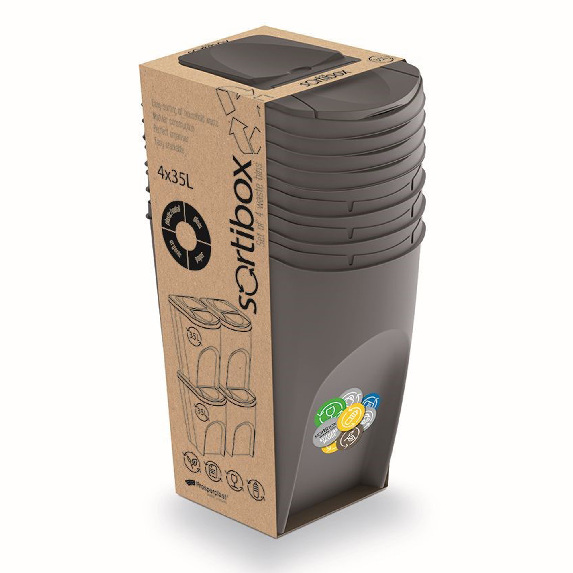 Juego de 4 cubos de reciclaje 140L Prosperplast Sortibox, gris