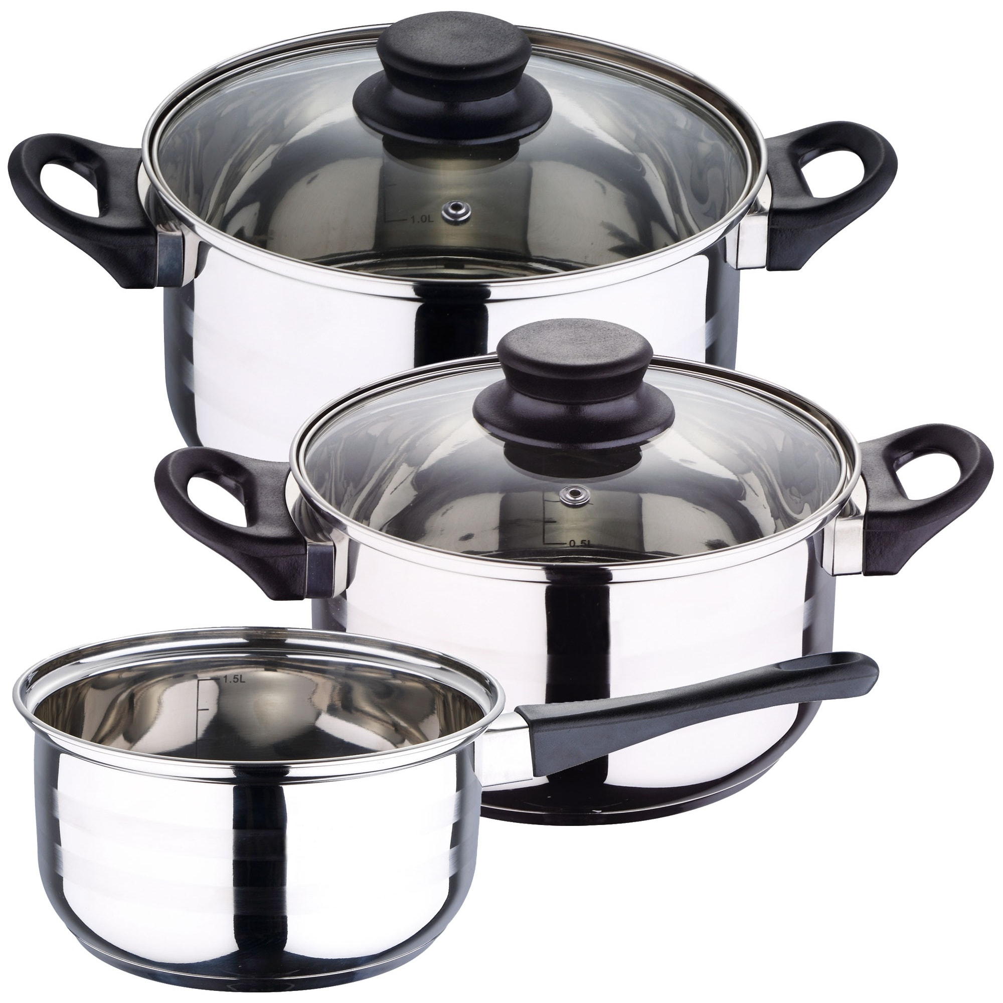 set de batería de cocina de 5pc en acero inoxidable + 3 sartenes ø16ø20ø24cm gris metalizado en aluminio prensado
