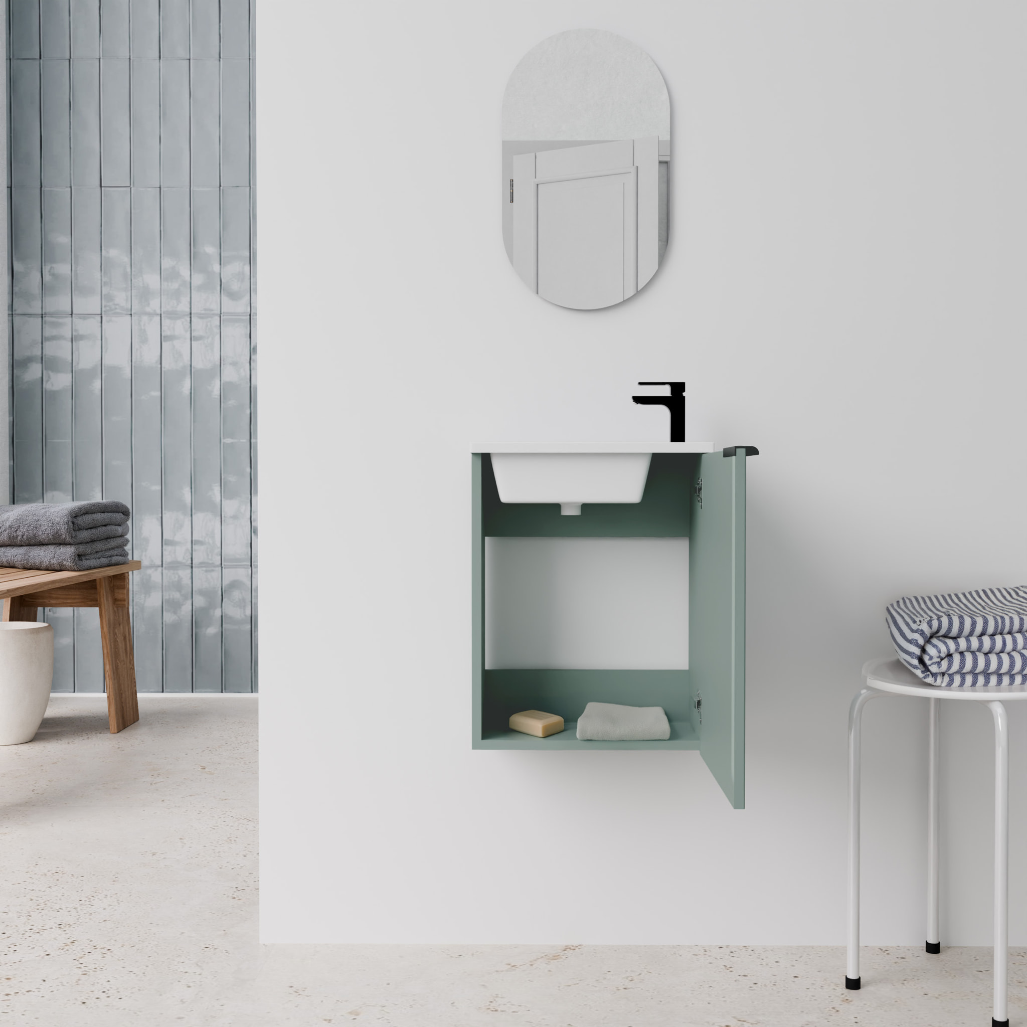 Ensemble meuble lave mains MDF ondulé vert 40x50x22cm et miroir ovale - MILO