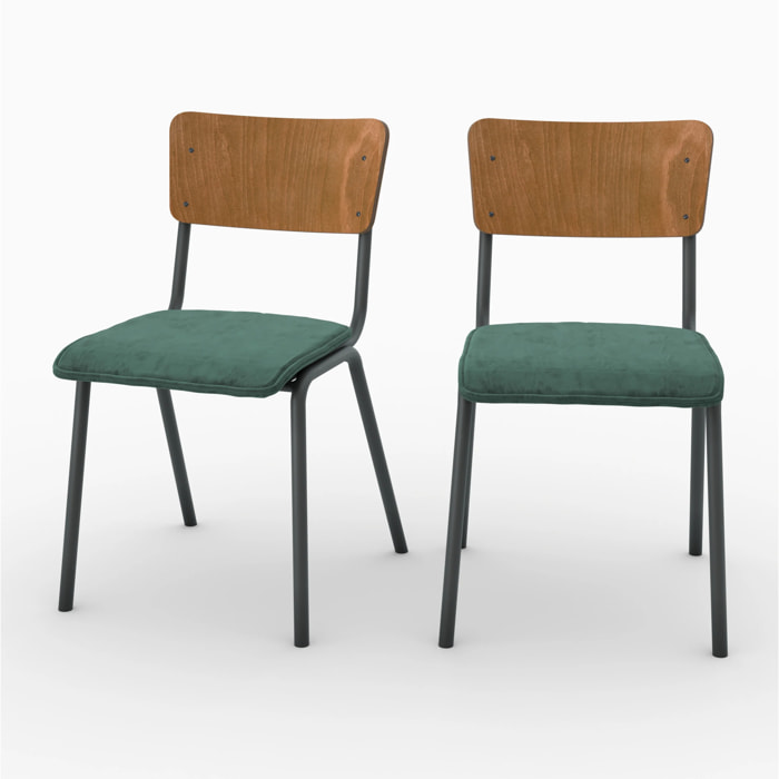Lot de 2 chaises en bois foncé et velours vert - Nico