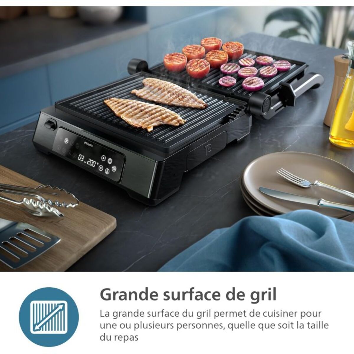Grille-viande PHILIPS HD6307/70 Grill Série 7000 noir, sonde cuisson, plaques amovibles 29x26 cm, 2200 W