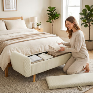 Banco Almacenaje 150 cm, Puff Almacenaje Tapizado en Pana, Banco Pie de Cama con Brazos Redondeados y Patas de Madera, Otomana para Dormitorio, Salón, Recibidor, Beige