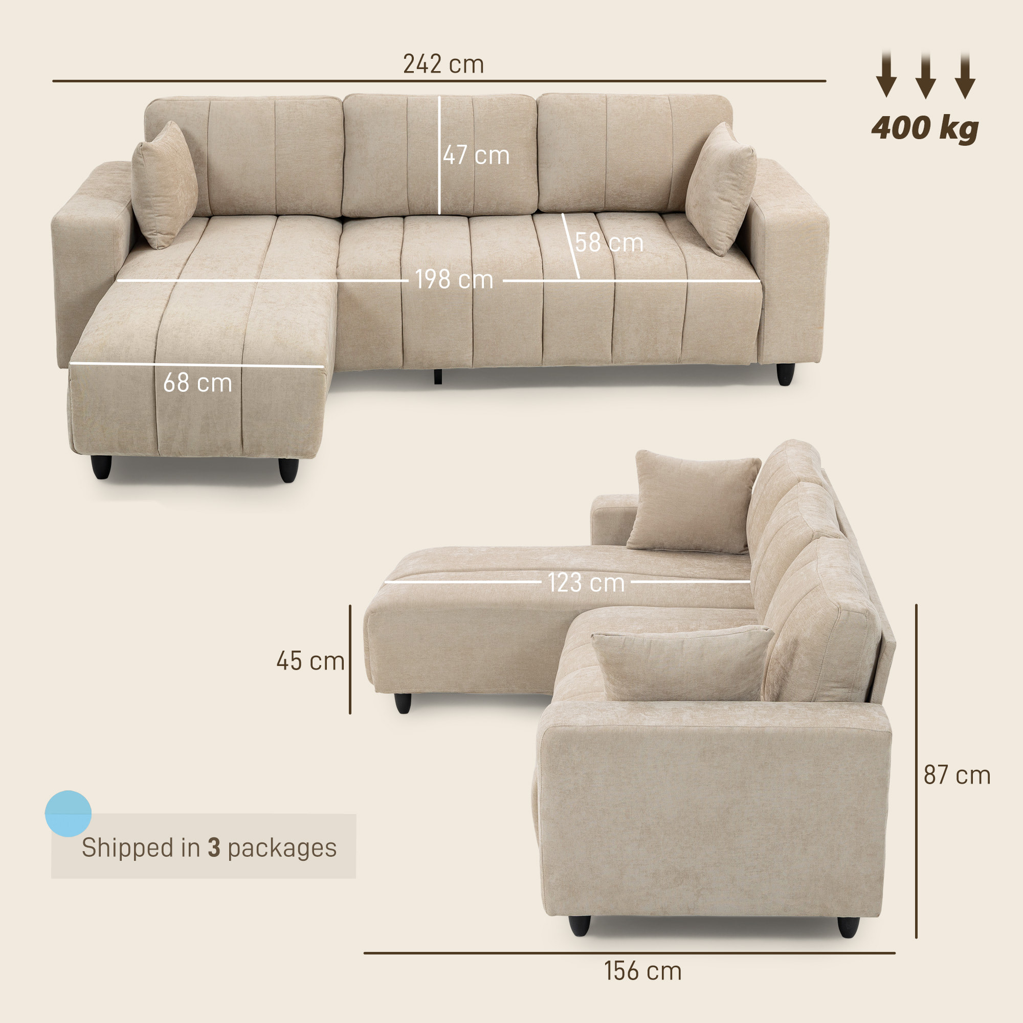 Sofá Chaise Longue Reversible, Sofá Esquinero en Forma de L de 3 Plazas, 2 Almohadas, Tapizado en Lino, Marco de Acero, para Salón, 242x156x87 cm, Beige