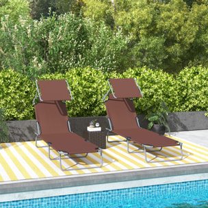 Conjunto de 2 Tumbonas Plegables Tumbonas de Jardín Reclinables con Toldo Desmontable Respaldo Ajustable en 5 Niveles para Terraza Piscina 187x58x36 cm Marrón