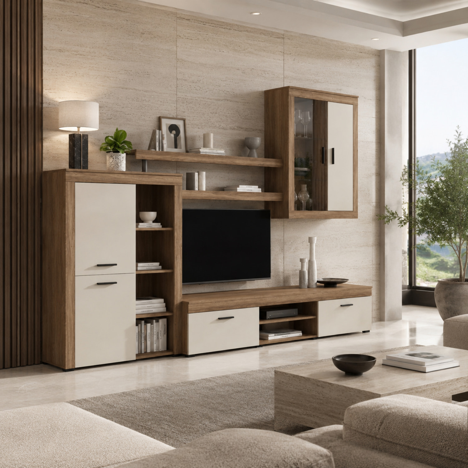 Parete Attrezzata Da Soggiorno Salotto Moderna Con Ante Mensole Vani A Giorno Vetrinetta Mobile TV Design Moderno 293x193x50 Cm Bianco Rovere Scuro