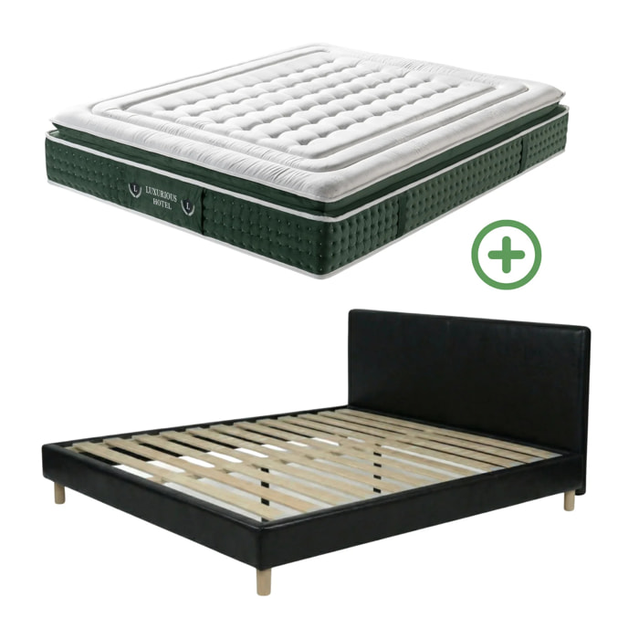 Ensemble matelas Jade & lit fixe Colisée | Mémoire de forme et ressorts ensachés | cadre à lattes | Simili cuir | Noir