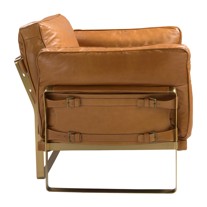 Sillón Angel Cerdá con reposabrazos con asiento y respaldo tapizados en piel de origen vacuno en camel ppatas de acero inoxidable en dorado 97x88x82cm