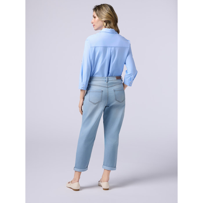 Oltre - Jeans boyfit stone washed con bottoni gioiello - Azzurro