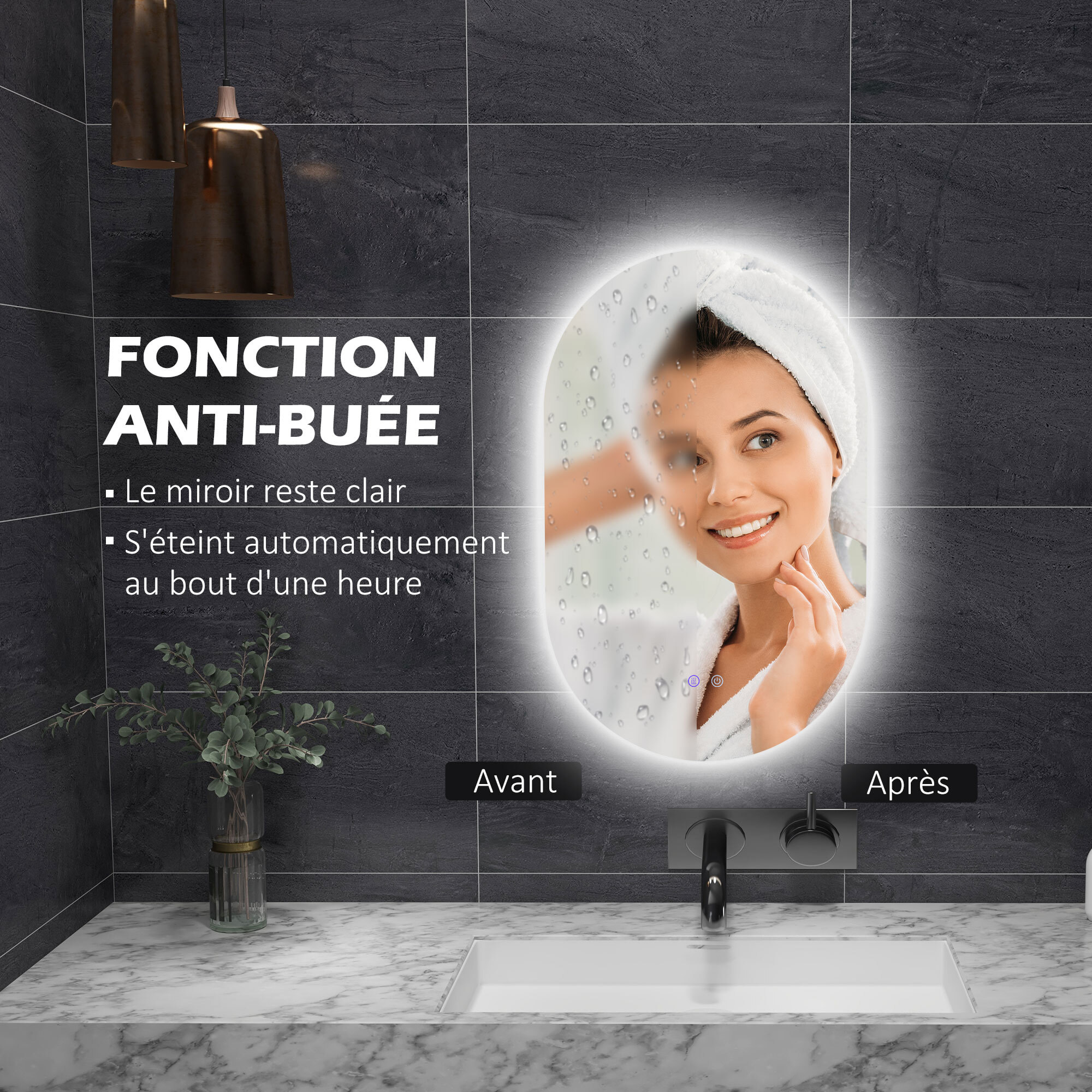 Miroir ovale mural lumineux LED de salle de bain - 81 x 51 cm - avec 3 couleurs, luminosité réglable interrupteur tactile système antibuée transparent