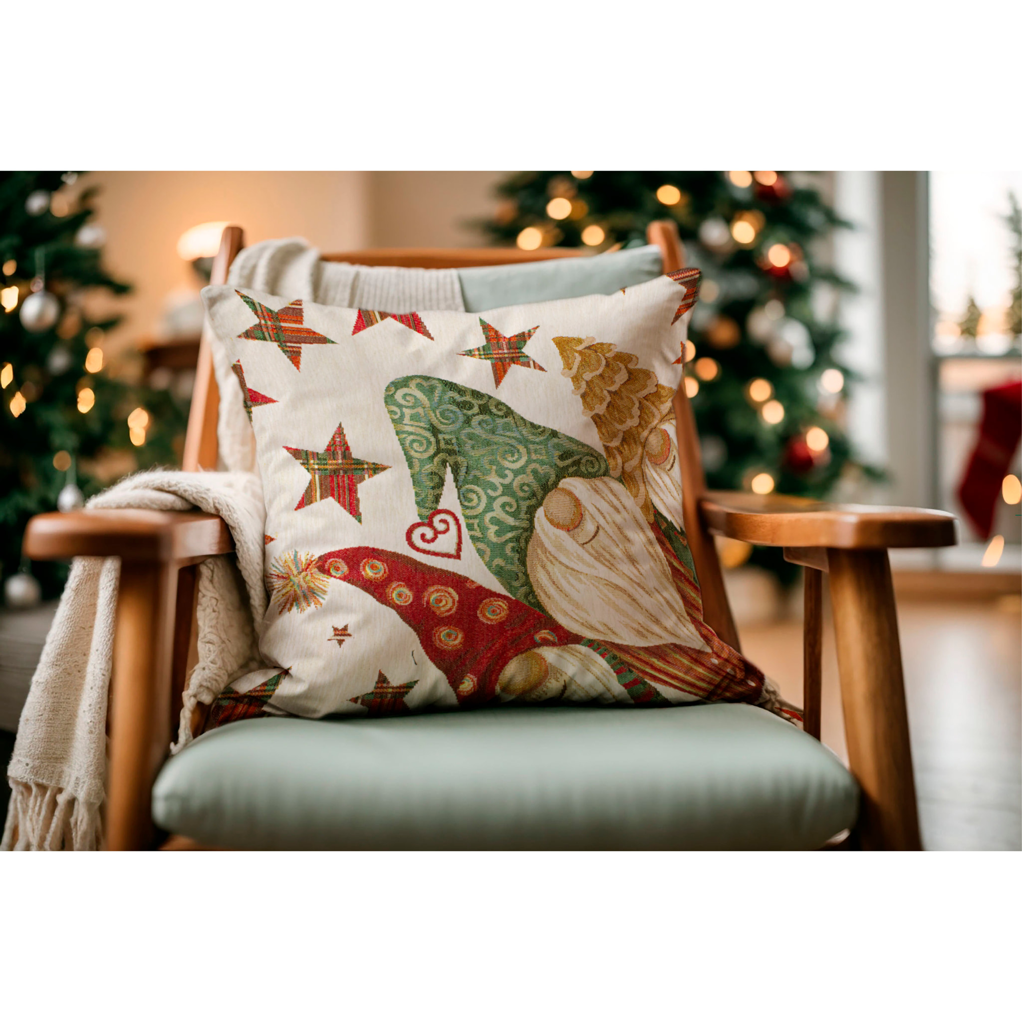 COPPIA CUSCINI NATALIZI JACQUARD SFODERABILI 50X50 CM GNOMI STELLE TRIO