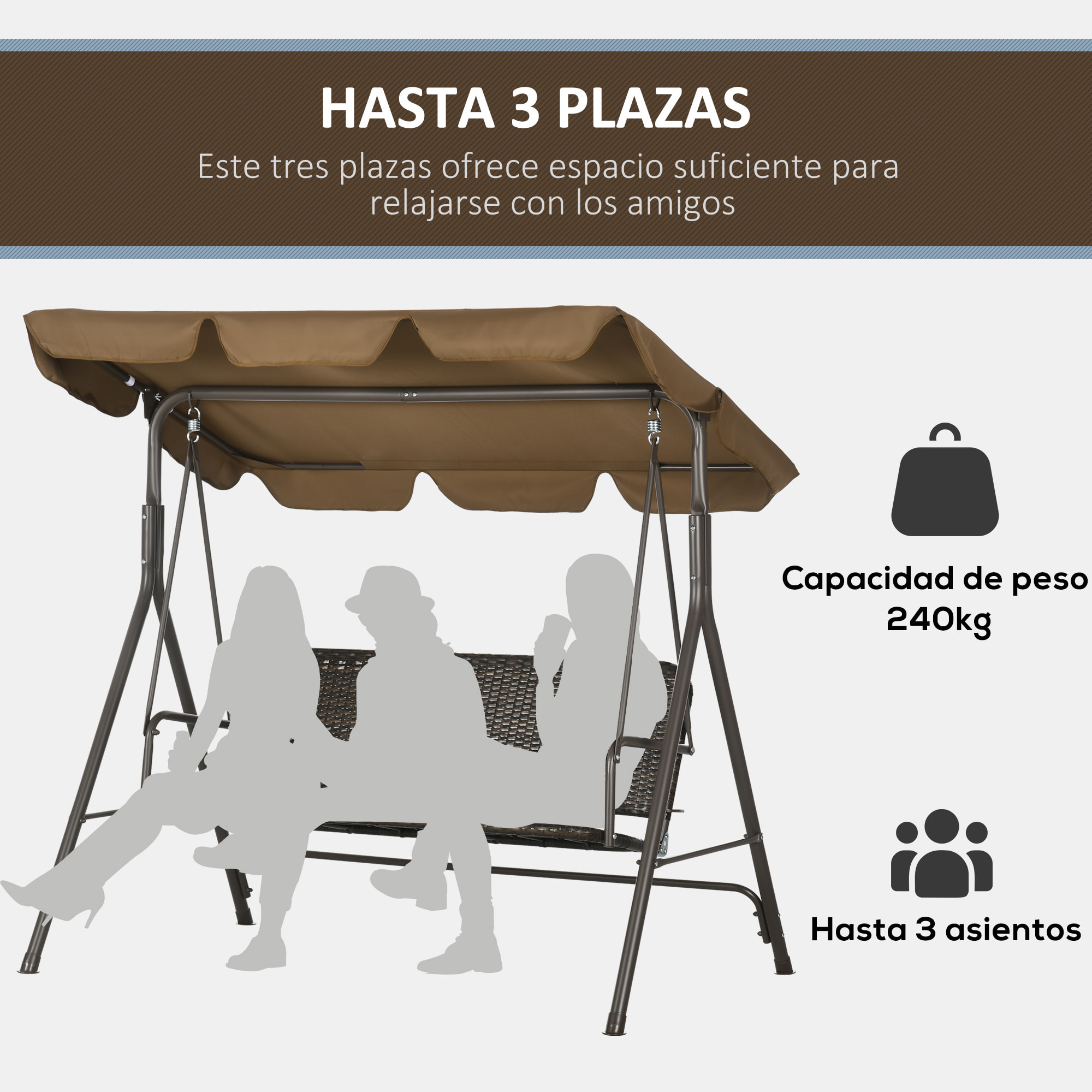 Columpio de Jardín Exterior de 3 Plazas Balancín de Jardín Exterior con Toldo Ajustable Asiento de Ratán PE y Reposabrazos para Balcón Terraza Patio Carga 240 kg 167x112x153 cm Marrón