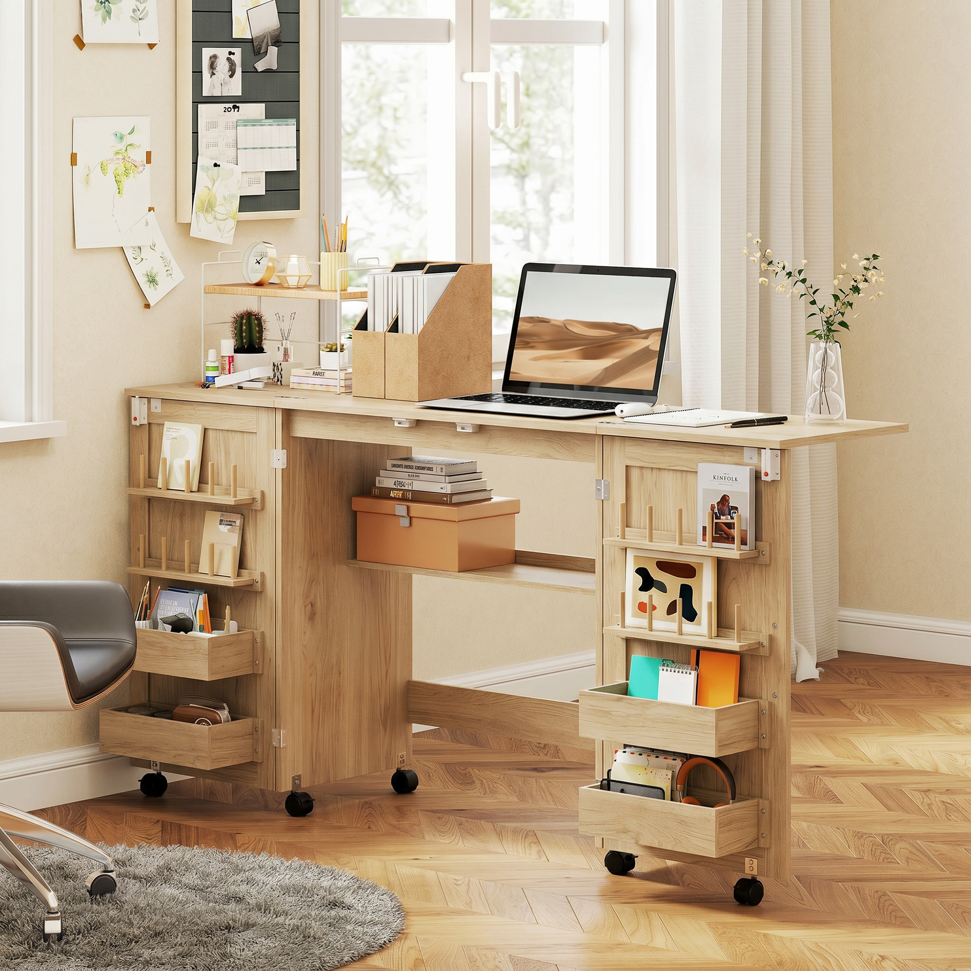 Mesa de Costura Plegable con 6 Ruedas, Mueble para Máquina de Coser con 20 Clavijas para Hilos, 4 Compartimentos, Estante, Armario de Costura para Estudio, Salón, Dormitorio, Roble