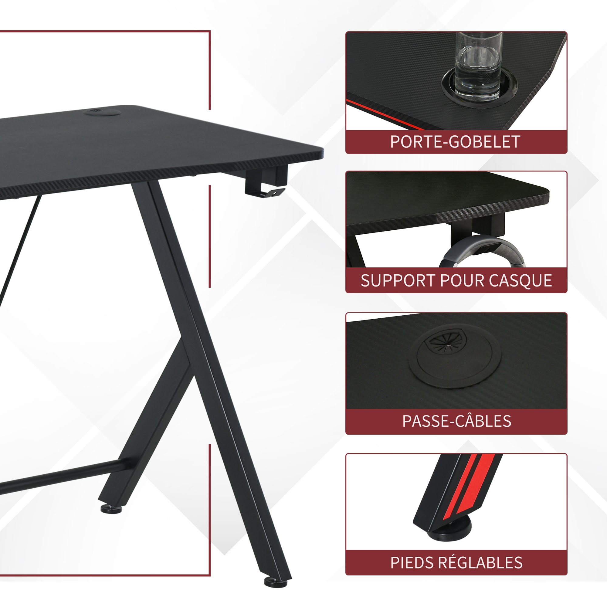 HOMCOM Bureau Gaming Table Bureau pour Ordinateur de Jeu avec Crochet et Porte-Gobelet Patins Réglables 105 x 55 x 75 cm Noir et Rouge