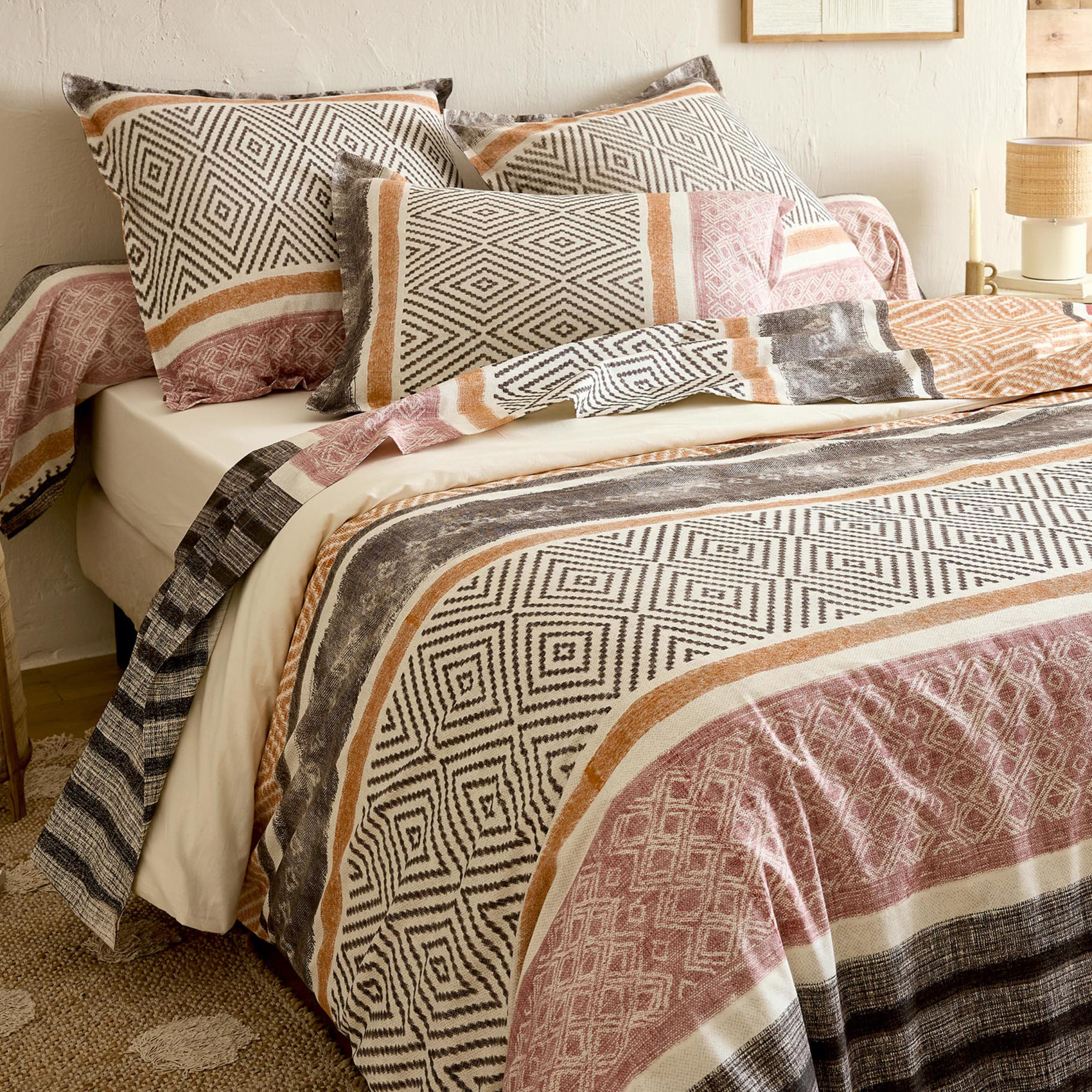 Parure de lit 3 pièces coton motif géométrique housse + taies - Noir