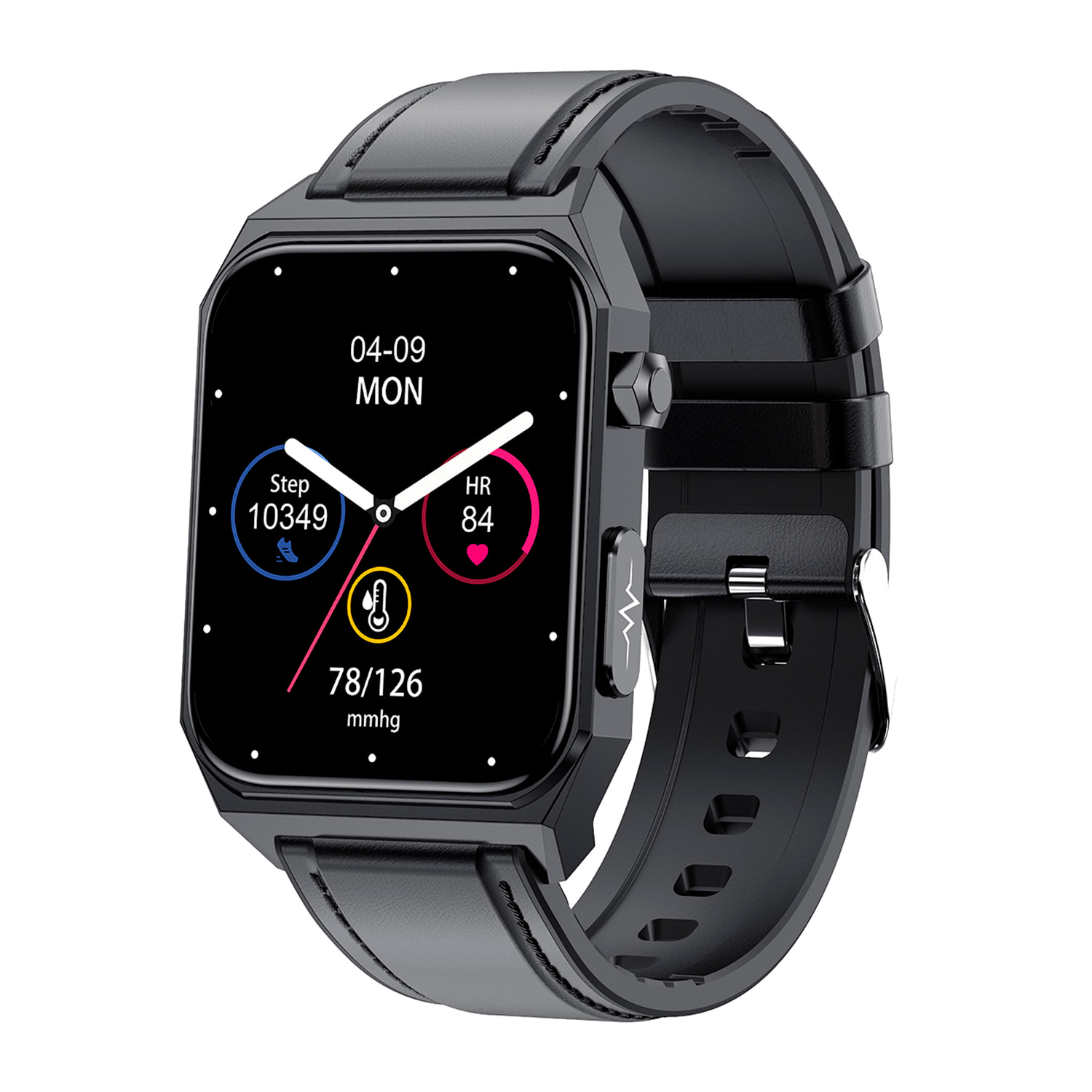 Smartwatch E530 con rilevamento della glicemia, monitor della pressione e O2. ECG con misurazione sul petto. Schermo da 1,91. Cinturino in pelle.