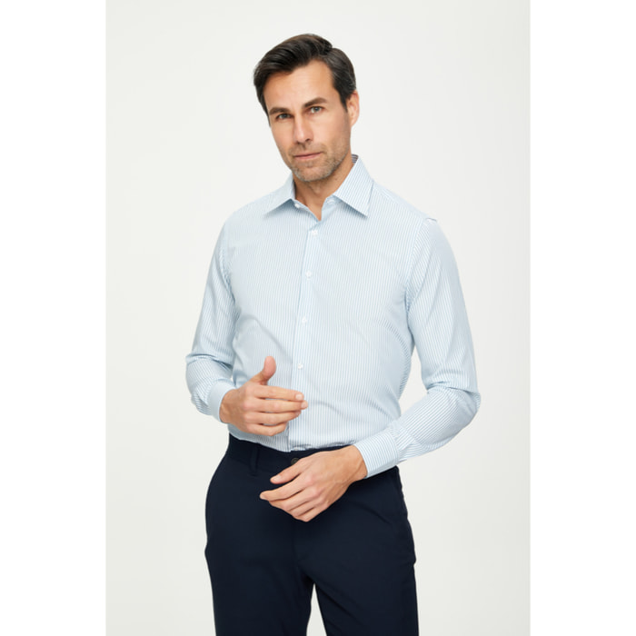 Camicia Uomo 1 Bottone Italiano Slim Cotone Riga Stretta Verde Medio/Bianco