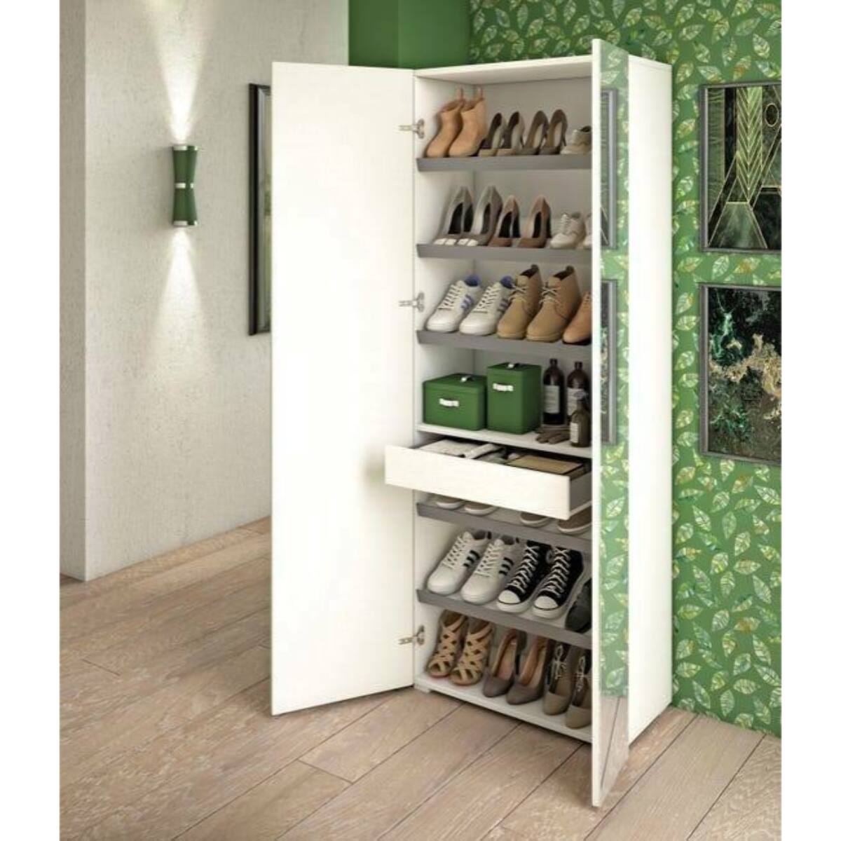 Scarpiera Eracle, Mobile multiuso da ingresso con anta a specchio , Armadio moderno portascarpe a 6 ripiani, 100% Made in Italy, 72x37h195 cm, Bianco