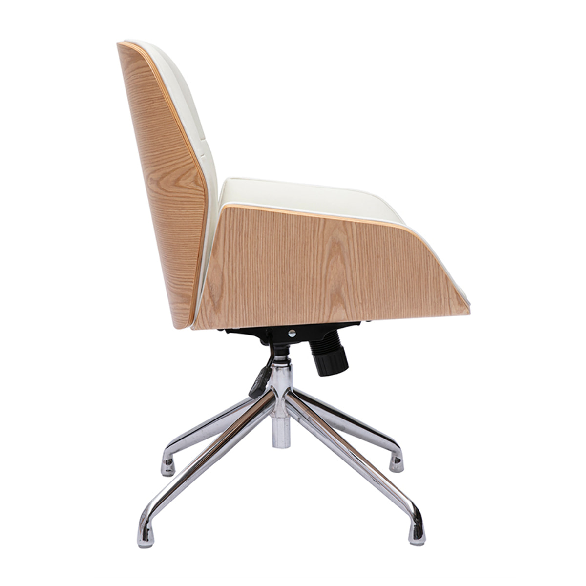 Chaise de bureau design pivotante 360° blanche, bois clair et métal chromé MARLOW