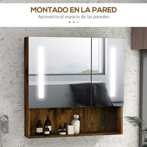 Armario de Baño con Espejo y Luz LED Mueble con Espejo de Pared con 2 Puertas Estante Ajustable Interruptor Táctil y Color de Luz Ajustable 70x15x70 cm Marrón Rústico