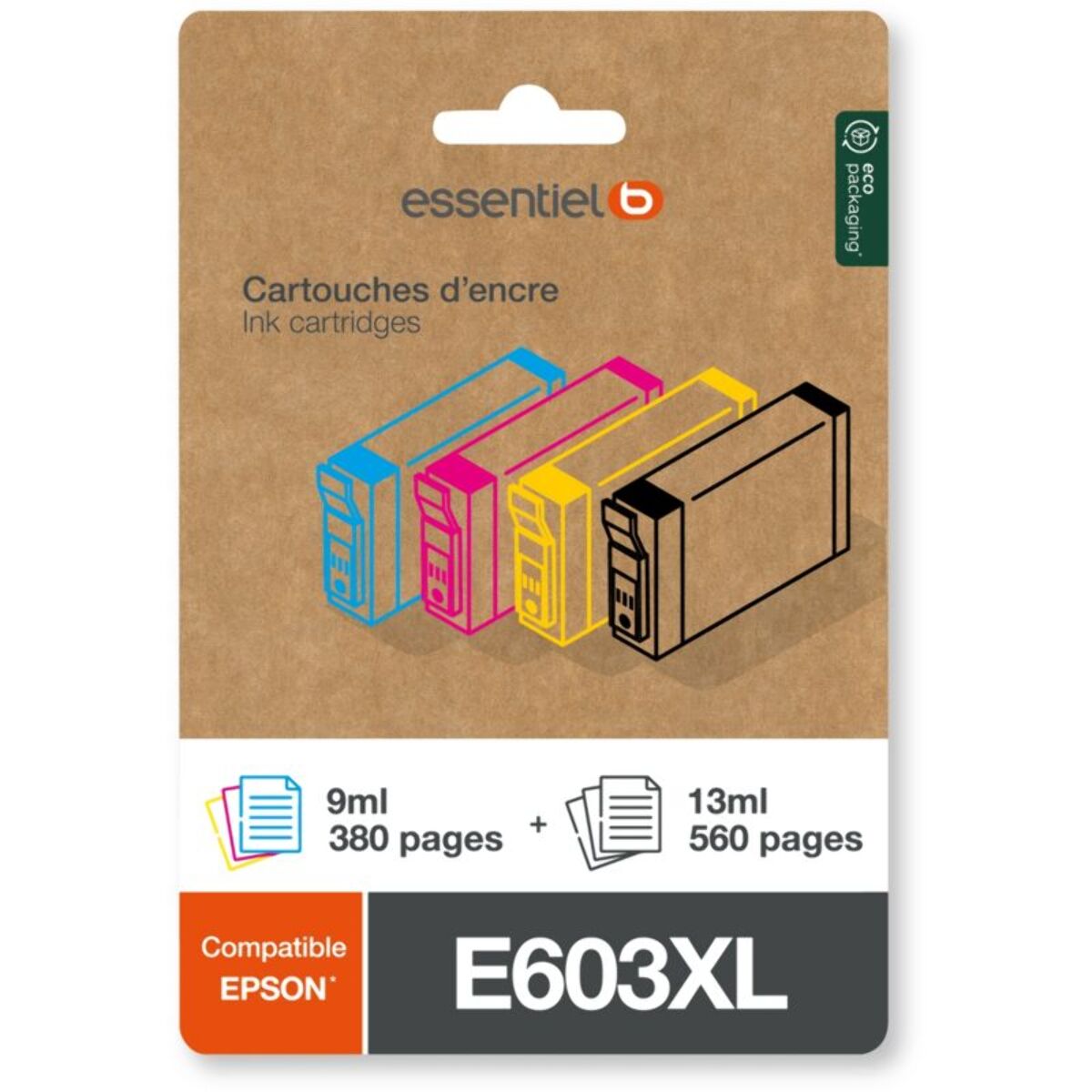 Cartouche d'encre ESSENTIELB Pack Compatible E603 XL (Noir + 3 Couleurs Haute Capacité)
