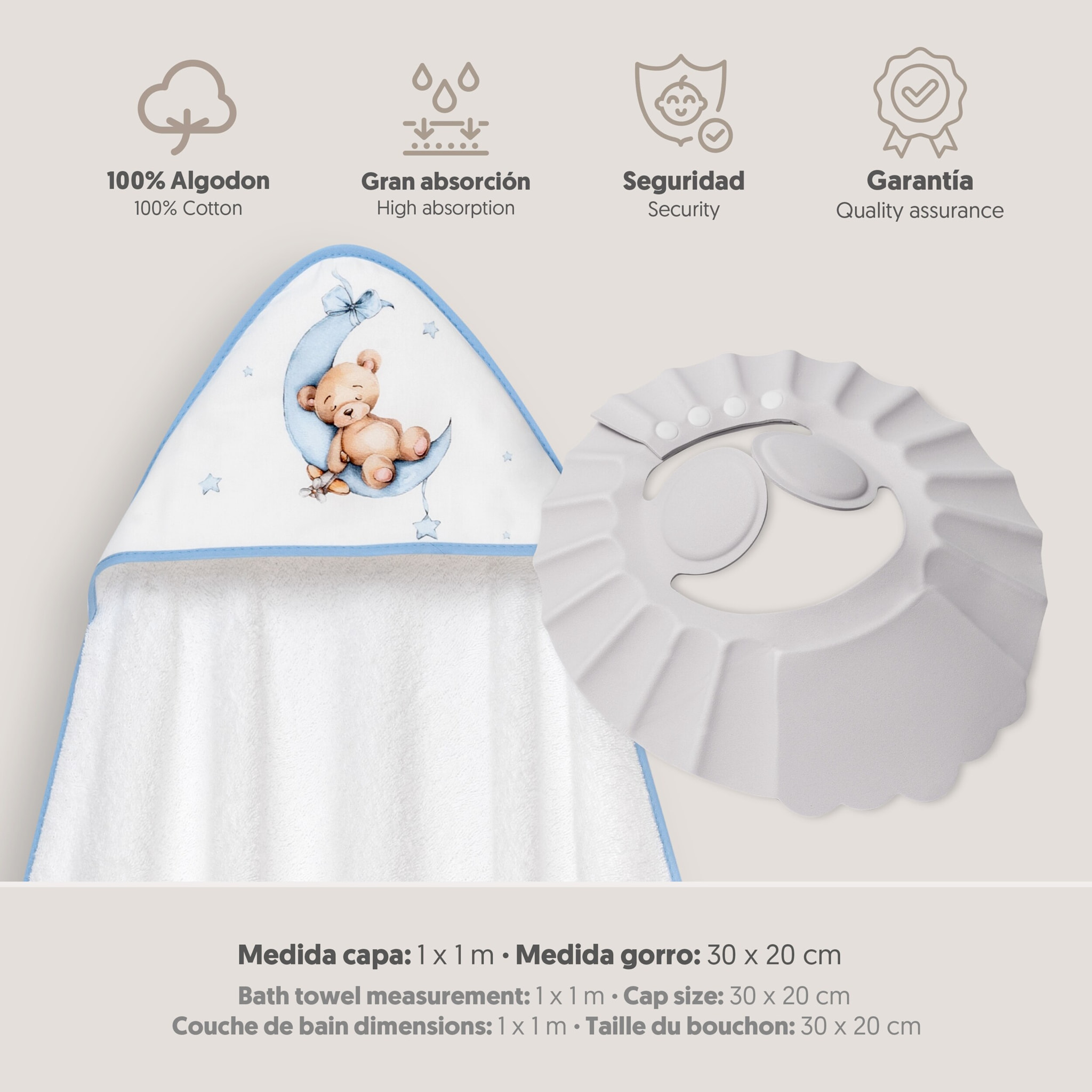 Capa Baño 1X1 Mod Estampado Oso Luna Estrellas+Gorro Bco/Azul
