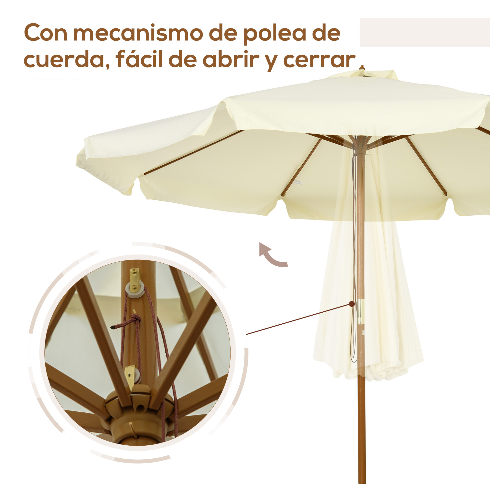 Sombrilla de Jardín Ø325x250 cm Parasol de Madera con Sistema de Polea Techo de Ventilación y 8 Varillas de Bambú para Terraza Balcón Exterior Beige