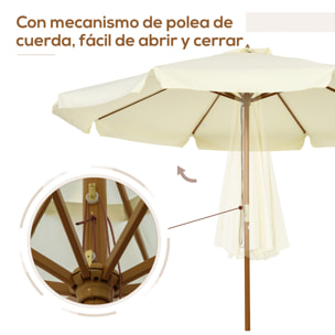 Sombrilla de Jardín Ø325x250 cm Parasol de Madera con Sistema de Polea Techo de Ventilación y 8 Varillas de Bambú para Terraza Balcón Exterior Beige
