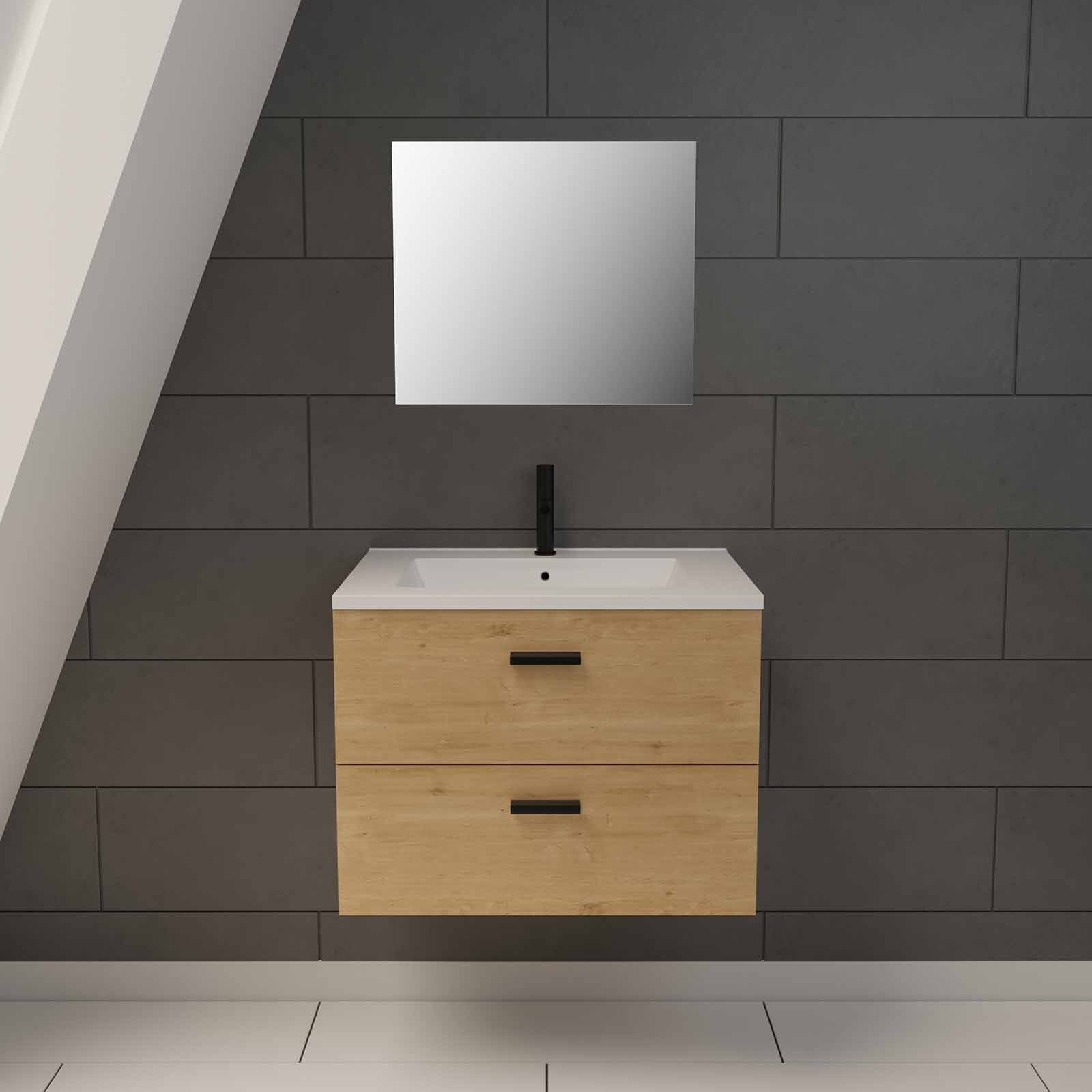Meuble salle de bain 60 cm suspendu 2 tiroirs finition Bois avec vasque et miroir - BOX-IN 60 WOOD