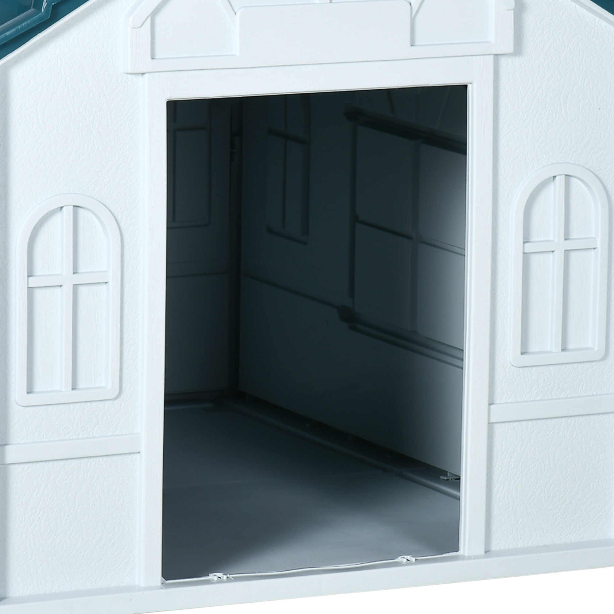 Niche chien style cottage - motifs fenêtres, porte, aération - PP blanc bleu