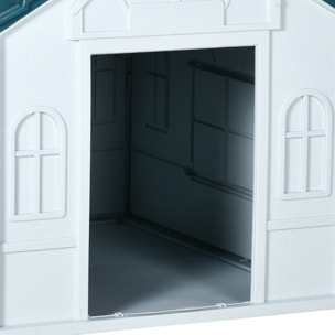 Niche chien style cottage - motifs fenêtres, porte, aération - PP blanc bleu