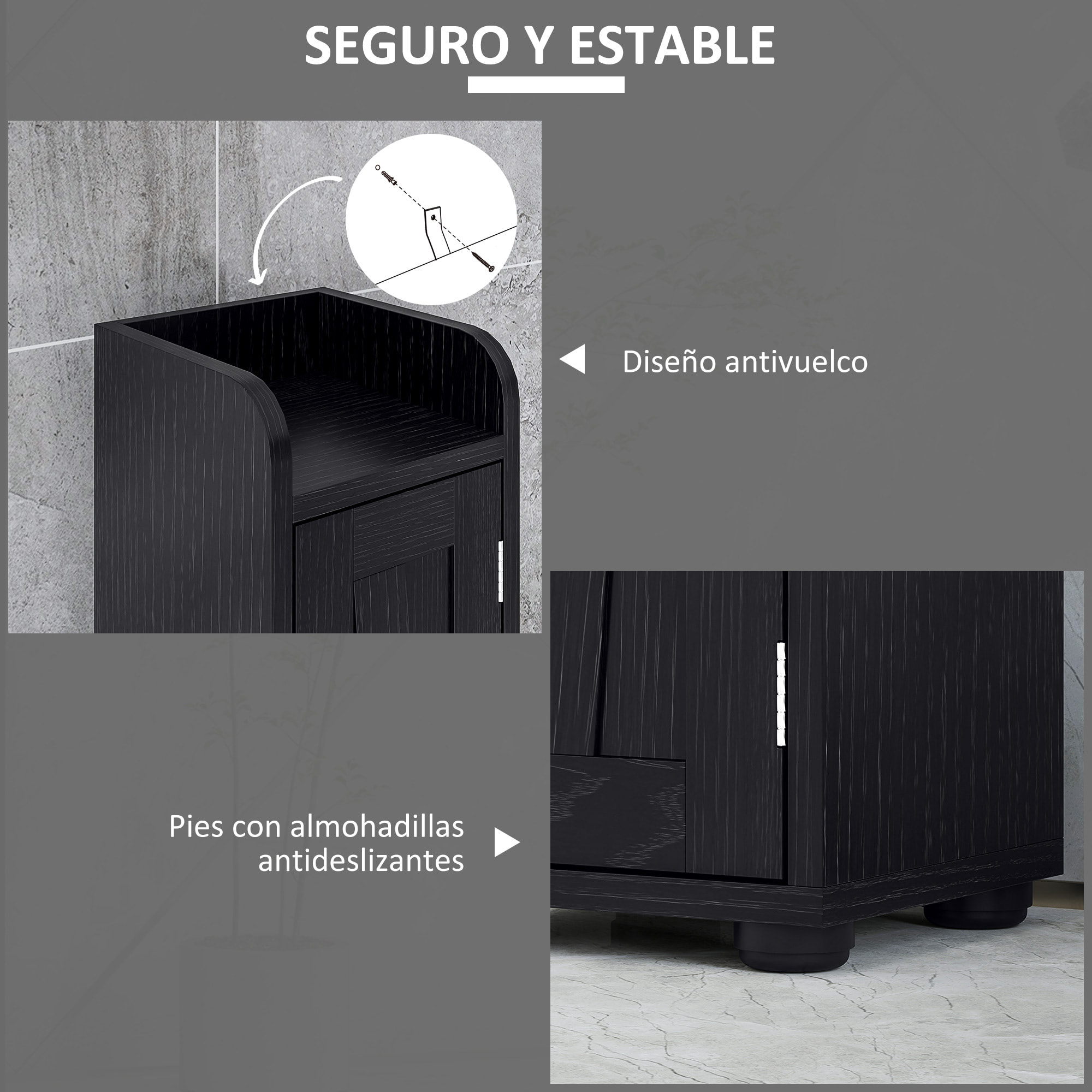 Columna de Baño Estrecha con 2 Puertas Armario Alto de Baño Rústico con Cajón Compartimento Abierto Estantes Ajustables y Portarrollos 20x20x185 cm Negro