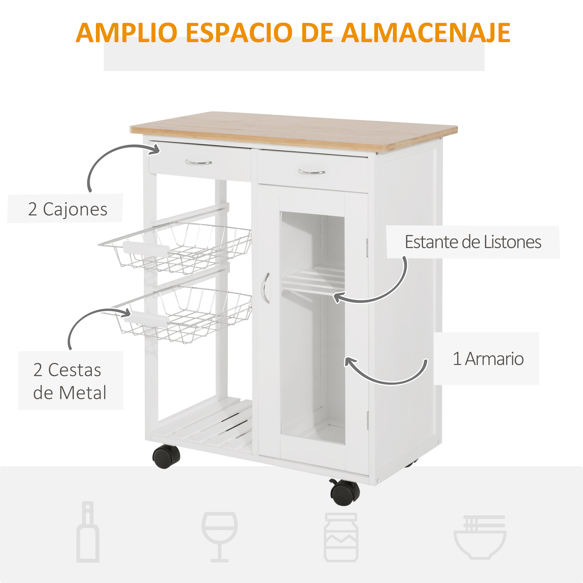 Carro de Cocina con Estantes de Bambú 70x37x85cm Blanco