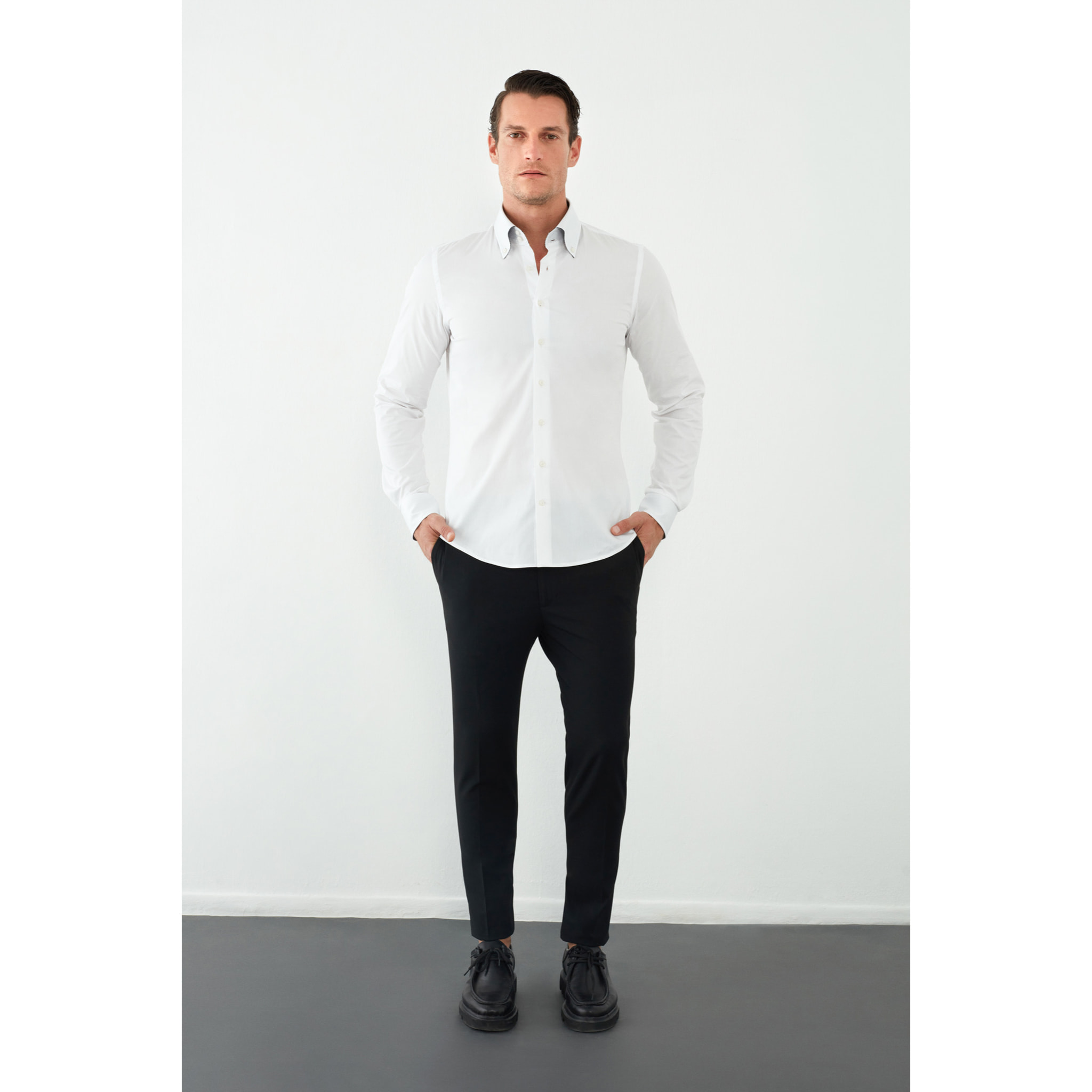 Camicia Uomo 2 Bottoni Button Down Slim Popeline Stretch Unito Bianco