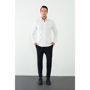 Camicia Uomo 2 Bottoni Button Down Slim Popeline Stretch Unito Bianco