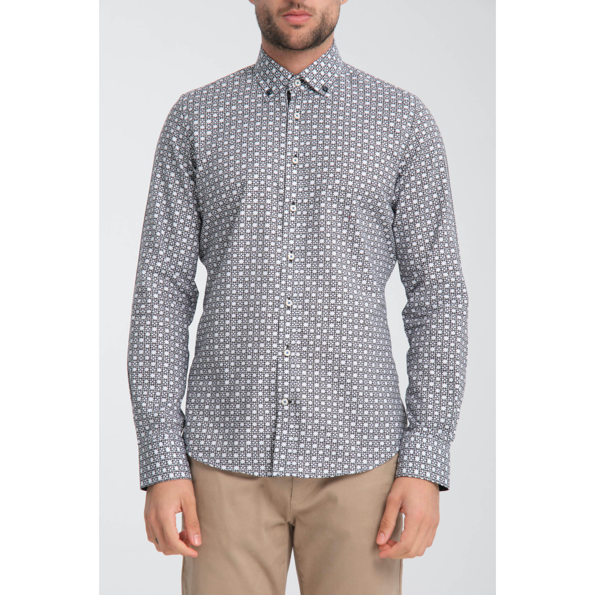Camicia Uomo Botton Down Slim Oxford Stampato Bianco/Nero